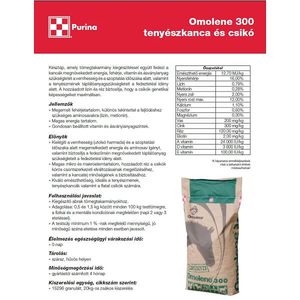 purina omolene 300 tenyészkanca és csikó takarmánykeverék (20 kg)